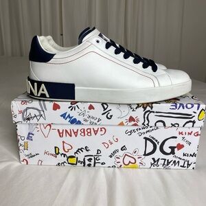 Dolce Gabbana Mens Portofino Leather lace Up Sneakers White Navy Blue WBox Sz 12